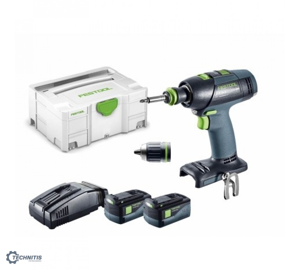 FESTOOL T 18+3 Li 5.2-Plus gręžtuvas - suktuvas 2x5.2 Ah